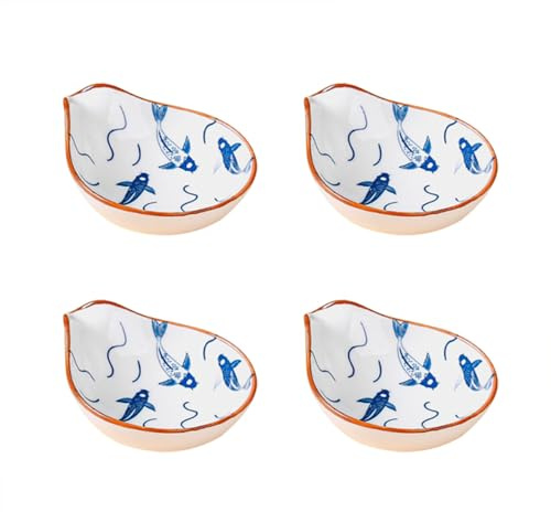 Ciotole per Immersione, Ciotole per Salsa, Piatti di Porcellana con Design Blue Fish&Line&Brown Edge, Ciotole per Immersione di Sushi