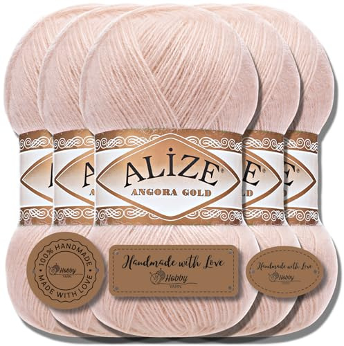 Hobby YARN 3 etichette con Alize Angora Gold Lana Premium 5 x 100 g come set, Yarn, filato, mohair sottile in lana vergine, tinta unita, filato per maglieria (Powder – 404)