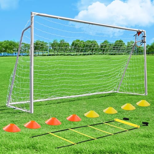 Soccer Goal 12x6,10x6.5, 8x6, 6x4FT Soccer Goals for Backyard Metal Soccer Goals for Kids Youth Adults Large Outdoor 2 Steel Soccer Goal Post Frame with Soccer Net Target Net Agility Ladder