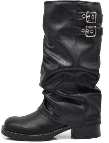 IF Bottes au Genou Femmes en Simili-cuir Noir avec Boucle Latérale Style Rétro Robin, Design Frisé Talon Bas Confortable MP730-1, 730 1 Noir, 37 EU