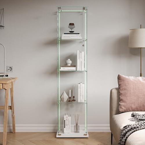 Vitrina de cristal con puertas, mueble vitrina de salón con 1 puertas y 4 pisos, armario de colección con tira luminosa LED para objetos de colección, 163 x 40 x 35 cm (1 puerta 4 capas tira LED