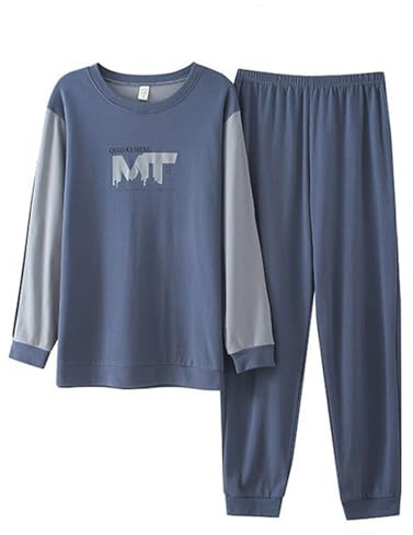 Duohropke - Pigiama lungo da uomo, set completo con maglietta a maniche lunghe con tasca e pantaloni, in due pezzi, nottewear casual, traspirante, taglie grandi, homewear, Blu, XXXL