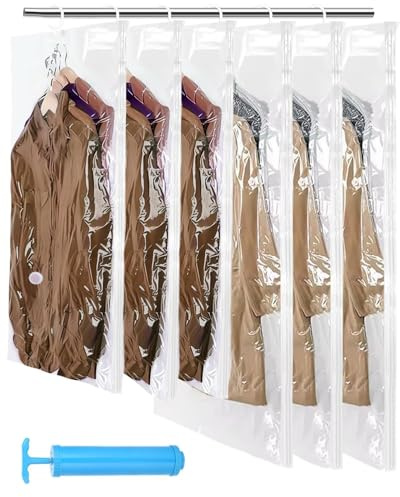 Tixexo 6 Sacs de Rangement sous Vide Suspendre, Housse Vetement avec Crochets, Transparents et Réutilisables Housse sous Vide, pour Costumes, Robes, Manteaux ou Vestes（105x70cm+135x70cm）