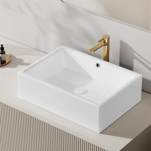 Eridanus Lavabo rettangolare in ceramica, 51 x 37 x 15 cm, lavabo da appoggio per vasca da bagno, moderno lavabo bianco, lavabo da tavolo, lavabo con foro per rubinetto, lavabo a mano