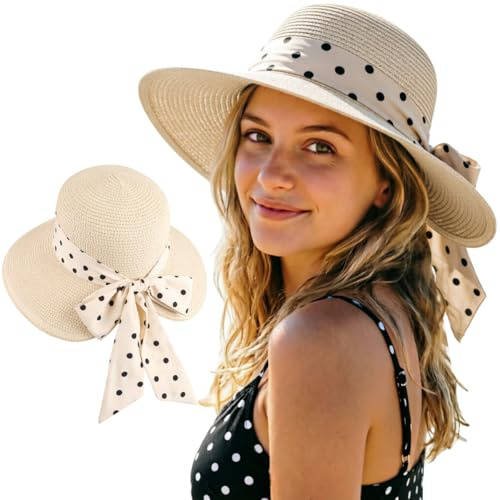DRESHOW Sombreros de Sol Para Mujeres Sombrero de Sol de Playa Plegable Sombrero de Paja de Ala Ancha con Nudo UPF 50+