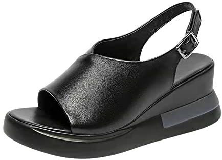 Romerska gladiatorsandaler för kvinnor – plattform kilklack sandal sommar strand ledig öppen tå sandal med klänningsvänliga spännen halkfria tjocka kuddar modeskor vattentäta skor, Svart, 37.5 EU