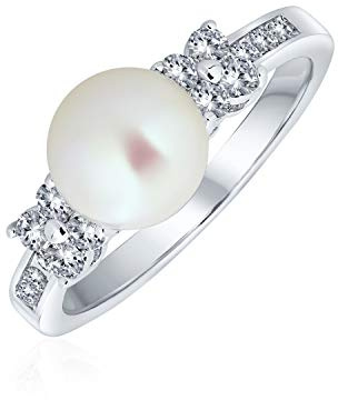 Stile Art Deco Pave Cz Solitaire White Freshwater Cultured Pearl Anello Di Fidanzamento Per Le Donne In Ottone Placcato Argento