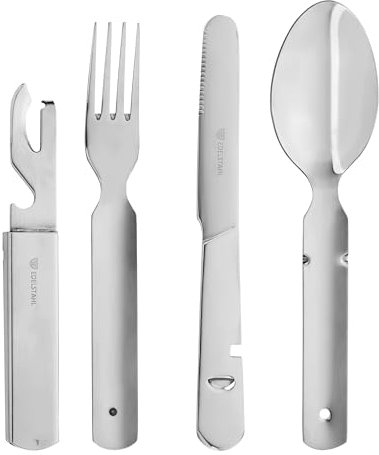 GRÄWE Campingbesteck 4-teilig, Bundeswehrbesteck, Besteckset aus Edelstahl, Outdoor Besteck Set, zusammensteckbar, mit Flaschenöffner, Dosenöffner und Brotmesser
