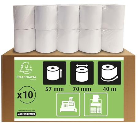 Exacompta 5770120V 10er Pack Kassenrollen, 1-lagig Offset(holzfrei) standard, Breite: 57 mm, Länge: 40 m, Durchmesser Kern: 12mm extra-weiß für Kassen, Tischrechner und Rechenmaschinen