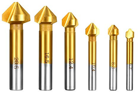 Kegelsenker Bohrer-Set, HSS 4241 90 ° titaniumbeschichtet, mit drei Rillen, für Holz und weiches Metall, 6 Stück Fasenfräser inkl. Lochbohrer 6,3–20,5 mm von Aobetak