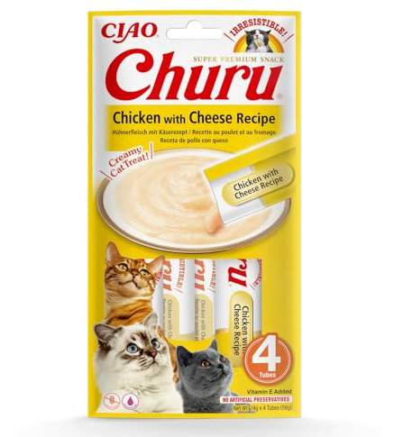 INABA Churu Püree Katzen-Leckerli - Katzenpaste zum Füttern aus der Hand - Köstliche Katzensnacks zum Schlecken - Katzensticks mit Hühnchen und Käse - 1 Packung / 4 Sticks, 14 g (4er Pack)