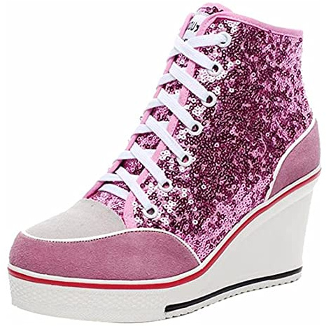 ALLINNINE Women's Sparkly Sneakers Wedge Shoes Heels Pump Lace Up Mid Top Glitter Heightening Shoes Trendy Wedding Sequins Slipsole (Sequins Pink, 7)