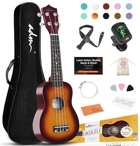 ADM Ukulele for Beginners Hawaiian Wood Ukelele Kit for Kids Adult Student Starter Professional Ukalelee Pack Bundle with Free Lessons Gig Bag Strap Nylon String Tuner (Sunset, 21 Inch)