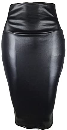 Minetom Jupe Crayon Femme en Similicuir Moulante Business Taille Haute Portefeuille Avec Ourlet Fendu sur Le Côté B Noir L