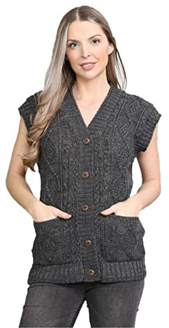 LUXE DIVA Womens Sleeveless Cable Knitted Grandad Cardigan Ladies 5 Button Casual Winter Sweater Waistcoat Top Charcoal