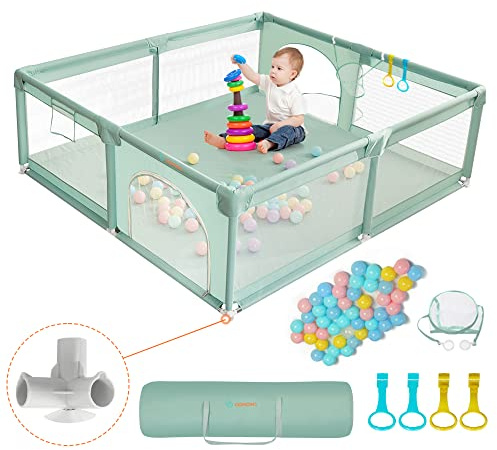COMOMY Parque Infantil Bebe, 150 x 180 x 66 cm Corralito Bebe con 50 Pit Balls, Mini Basketry y 4 Pull Rings, Corral Bebe con Malla Suave y Transpirable, Centro de Actividades para Niños, Verde