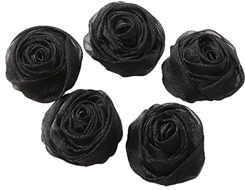KABELIF 5 Stück Organza Rose Blume Brosche, Blume Ansteckblume, Blume Haarspange, Blume Haarclip, Blumen Haarnadeln Haarblume Haarblüte DIY Haarschmuck 4.5 CM (Schwarz)