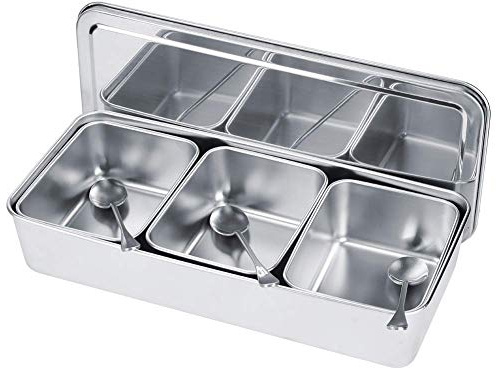 Stainless Steel Seasoning Containers Set, Condiment Jars 3 Grids Spice Salt Sugar Storage Organizers Box Kitchen Utensils Seasoning Box with Spoons Cover