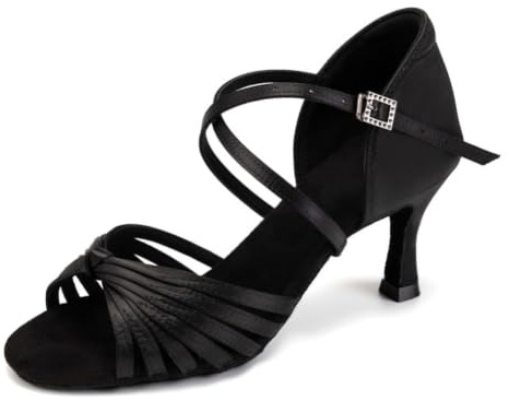 Scarpe da Ballo Latino Americano Donna in Raso Punta Aperta Tacco 7.5 cm | Professionale Salsa Tango Bachata Scarpe da Ballo da Sala Danza Pratica Prestazioni Scarpe, pelle scamosciata