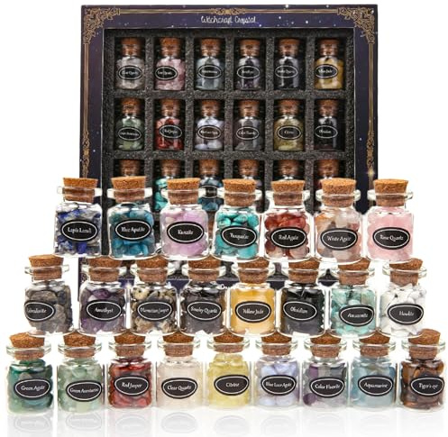 EnMart 24 Pièces Bouteilles Pierres Précieuses, Kit de Collecte de Pierres en Crystal de Guérison, Gravier de Quartz Naturel Souhaitant Une Bouteille pour Reiki, Guérison, Méditation, Décoration