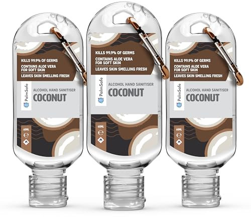 Palm Safe Coconut 3 Pack 60ml Anti Bacterial Premium Hand Sanitiser Travel Size Refillable Clip Bottle Quick Drying Non Sticky Extra Moisturising Kills 99.9% of Viruses and Bacteria