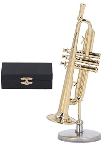 Tromba in miniatura, in rame, con supporto e custodia, replica in miniatura, mini strumento musicale, modello di mini tromba per la casa, decorazione da appendere all'albero di Natale (9 cm)