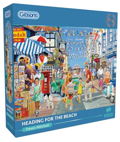 Gibsons Heading for the Beach 1000 Piece Jigsaw Puzzle for Adults – Nostalgic Seaside Scene by Trevor Mitchell – Classic British Summer Artwork – Premium Sustainable Puzzle Made in the UK/EU