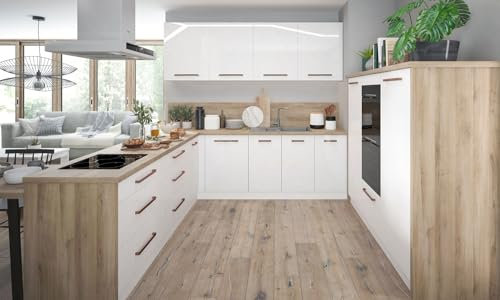 Feldmann Preiswert Wohnen U-Form Winkelküche Essen mit Arbeitsplatten 289x250x188cm HETTICH Vollauszug weiß Fronten Acryl Hochglanz