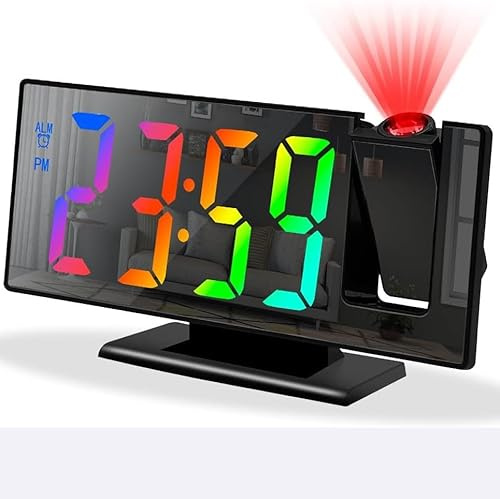 Reloj despertador de proyección para mesita de noche, reloj LED de espejo con proyector giratorio de 180°, brillo de 3 niveles, reloj despertador digital con temperatura y humedad, función de