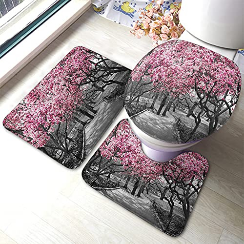 Rug Non-Slip 3 Piece Set Pink Flower Central Park Landscape New York City Black White Machine Washable U Shape Wc Toilet Rug Soft Toilet Lid Cover Mat Anti Slip Bathroom Rug Set Of 3