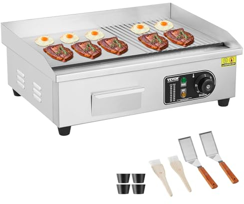 VEVOR Plancha Électrique 3200 W, Plaque à Snacker Commerciale, Plaque de Cuisson avec Surface Antiadhésive Plate et Rainurée, Température Réglable 50-300 °C, pour Barbecue, Restaurant, Snack-Bar