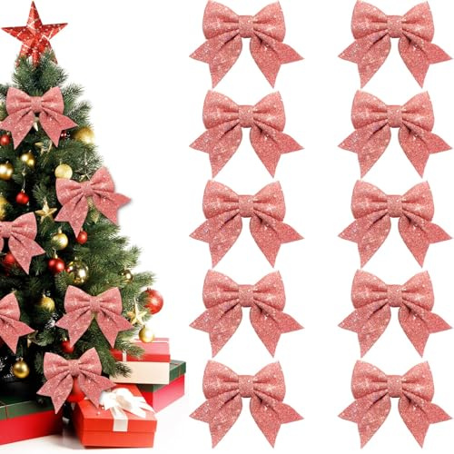 Shyllin 10 Piezas Purpurina Lazos de Navidad, Lazos Arbol Navidad, Lazos Navidads, Arco de Navidad Purpurina, Lazos Arbol Navidad Decoración para Arboles de Navidad, Cajas Regalo, Fiestas, Cumpleaños