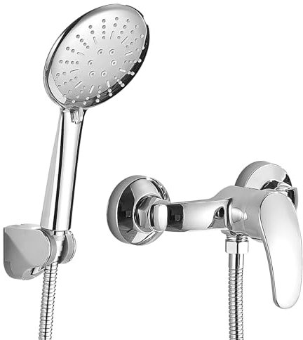 ALFKET Mitigeur Douche Douchette Set, Robinet Baignoire Montage Mural, Douchette x3 Modes et 150cm Tuyau et Support, Monocommande Réglage de Température Universel Filetage G1/2, Chromé, Argenté