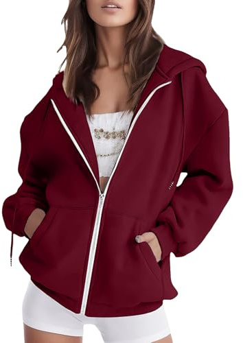 amropi Felpa da Donna Sportivo Giacca con Cappuccio a Cerniera Cappotto Casual Giubbotto Borgogna,3XL