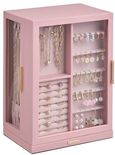 Glimmloop 360° Rotating Jewelry Box with 7 Drawers, Spacious Vertical Jewelry Organizer with Glass Window, Jewelry Storage Case, Dustproof & Moisture-resistant Design, Pink