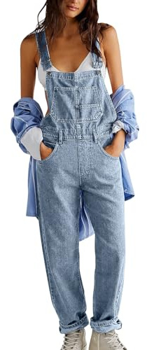 Denimoveraller för kvinnor – lös passform klassisk haklapp vardaglig jeans stretchig denim overall avsmalnande ben jeans byxor justerbara remmar overaller säckig bodycon overaller lång lekdräkt med