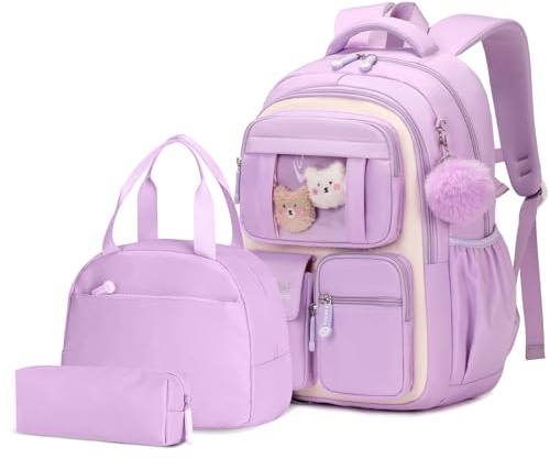 Amythe Girls Backpack with Lunch Box 3Pcs, Kawaii School Bag Set for Kid Elementary Middle School, Multi-Pocket Cute Laptop Bookbag Lightweight, Purple