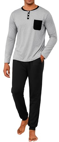Uniexcosm Pijama de Hombre Largo Invierno Algodon Conjunto de Pijamas 2 Piezas Manga Larga Cuello Redondo Top con Botones y Pantalones Largos Gris XXL