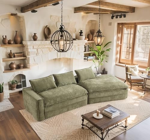 Fefances Oversized Deep Seat Cloud Couch-4-Seater Boneless Sectional Sofa for Living Room, Ready-to-Relax Large Modern Sofa-Green