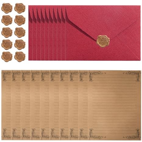Gativs Vintage Carta da Lettere con Busta, Carta da Lettere Vintage con Busta, 10 carta da Lettere Cancelleria con 10 Busta, 10 A5 e Adesivi Sigillo Di Cera, per Scrivere Disegni Inviti di Nozze
