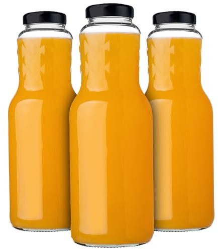 KADAX glasflaskor 1 l, 3 stycken, juiceflaskor med skruvlock fi53 mm, tomma flaskor för konservering och fyllning, konserveringsflaskor för juice, bred halsflaska (svart)