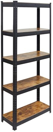 Relaxdays Kraftig lasthylla, 500 kg, HBT: 180 x 60 x 30 cm, 5 nivåer, träutseende, förvaringshylla, stål och MDF, svart/brun