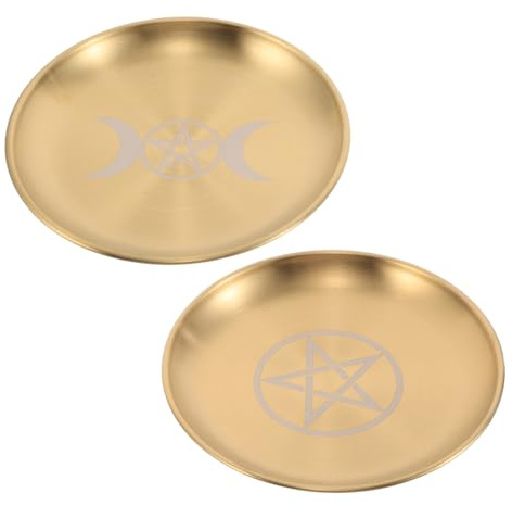 HIAKDOFT Plateau Rituel Pentagramme en Acier Inoxydable Doré Lot de 2 22 CM Organiseur D’Autel Sacré Phases Lunaires pour Offrandes Bougies Rituelles et Cartes de Tarot Décoration