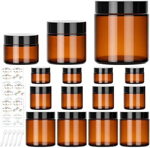 CulnCraz 15-pack bärnstensfärgade glasburkar med lock (30 ml/50 ml/100 ml) - 5 av varje storlek, återfyllningsbara kosmetiska behållare med inre fodrar för ansiktskräm, lotion, resor, DIY-hudvård