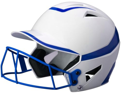 Champro HX Rise Pro Fastpitch Softball Batting Helmet with Facemask in Two-Tone Color Glossy Finish, White, Royal, Junior, Model Number: HXFPG2RYJ