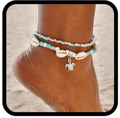 Handcess mehrreihiges Boho Muschel-Fußkettchen, silbernes Knöchelkettchen mit Schildkröten-Anhänger, türkises Perlen-Fußkettchen für Frauen und Mädchen
