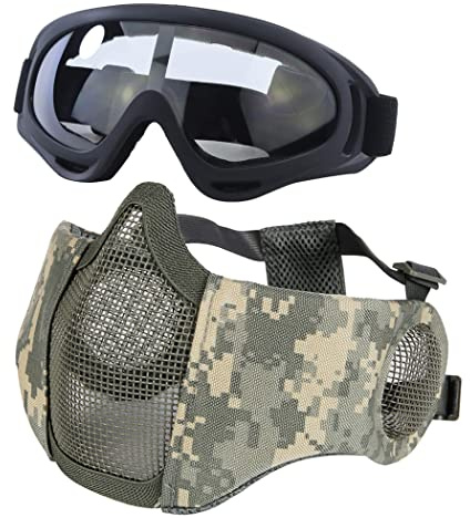 Yzpacc Airsoft Mask with Goggles, Foldable Half Face Airsoft Mesh Mask with Ear Protection for Paintball Shooting Cosplay CS Game