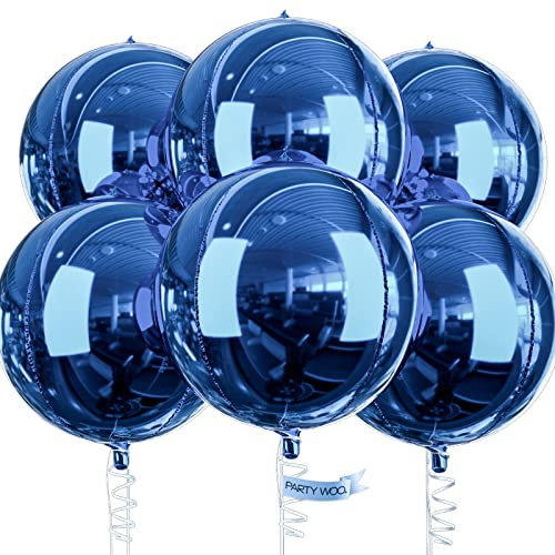 PartyWoo Blue Foil Balloons, Pack of 6 Navy 22 Inch Giant 4D Round With Ribbon - Large for Birthday, Wedding, Party Decoration