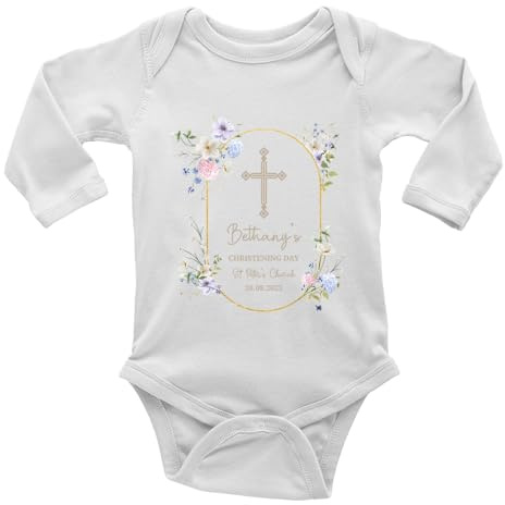 Shopagift Personalised Christening Day Baby Vest Bodysuit Any Name Date Location Boys Girls L/S Gift White