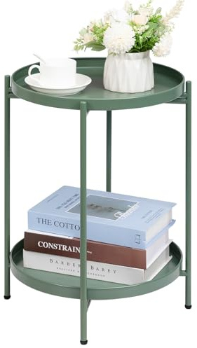 HollyHOME Table D'appoint Ronde Métal Petite Table Basse 2 Etages Bout de Canapé pour Salon Chambre Balcon Terrasse Jardin, Vert Herbe